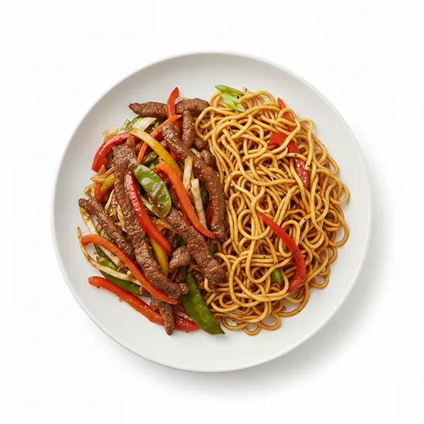 Tibetian beef stir fry with vegetable soy chowmein